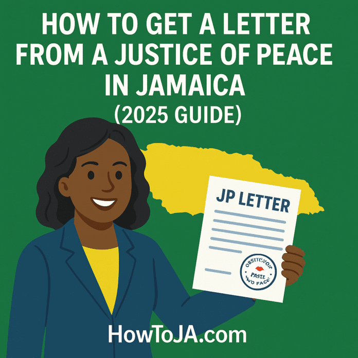 Illustration of a smiling Jamaican woman holding a JP letter in front of a yellow map of Jamaica, with the title “How to Get a Letter from a Justice of the Peace in Jamaica (2025 Guide)” and HowToJA.com branding.
