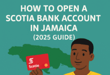Illustration of a Jamaican man standing in front of a Scotia Bank building with a debit card in hand, featuring the title “How to Open a Scotia Bank Account in Jamaica (2025 Guide)” and HowToJA.com branding.