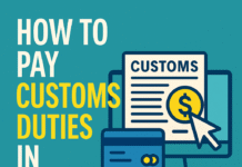 How to pay customs duties in Jamaica online graphic with computer, customs form, and credit card