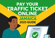 Flat illustration of a Jamaican man paying his traffic ticket online using a laptop, with Jamaican flag background and text “Pay Your Traffic Ticket Online – Jamaica 2025 Guide,” plus HowToJA.com logo.