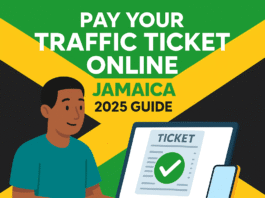 Flat illustration of a Jamaican man paying his traffic ticket online using a laptop, with Jamaican flag background and text “Pay Your Traffic Ticket Online – Jamaica 2025 Guide,” plus HowToJA.com logo.
