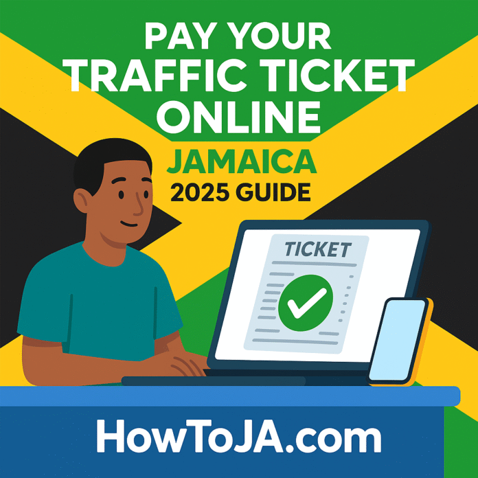 Flat illustration of a Jamaican man paying his traffic ticket online using a laptop, with Jamaican flag background and text “Pay Your Traffic Ticket Online – Jamaica 2025 Guide,” plus HowToJA.com logo.