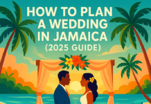 Colorful beach wedding illustration with a couple of African descent exchanging vows under a tropical sunset, promoting How to Plan a Wedding in Jamaica (2025 Guide)