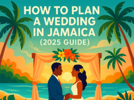 Colorful beach wedding illustration with a couple of African descent exchanging vows under a tropical sunset, promoting How to Plan a Wedding in Jamaica (2025 Guide)