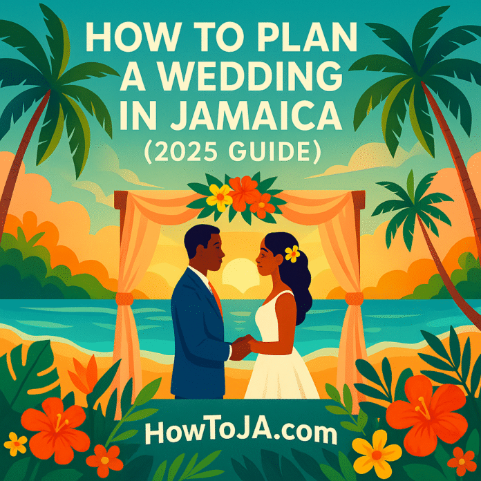 Colorful beach wedding illustration with a couple of African descent exchanging vows under a tropical sunset, promoting How to Plan a Wedding in Jamaica (2025 Guide)