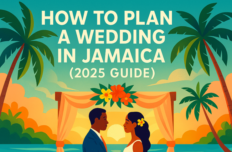 Colorful beach wedding illustration with a couple of African descent exchanging vows under a tropical sunset, promoting How to Plan a Wedding in Jamaica (2025 Guide)