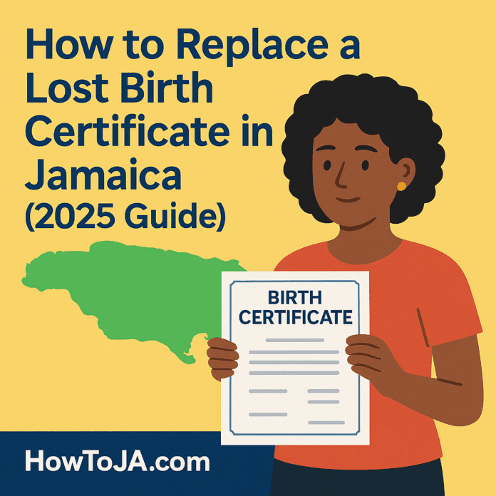 Illustration of a Jamaican woman holding a birth certificate with a map of Jamaica in the background and the title “How to Replace a Lost Birth Certificate in Jamaica (2025 Guide)” and HowToJA.com branding.