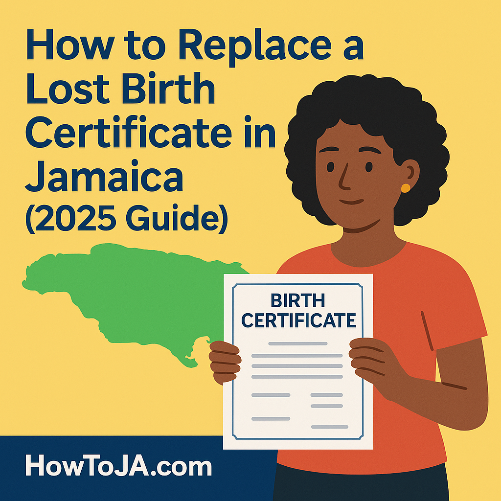 Illustration of a Jamaican woman holding a birth certificate with a map of Jamaica in the background and the title “How to Replace a Lost Birth Certificate in Jamaica (2025 Guide)” and HowToJA.com branding.