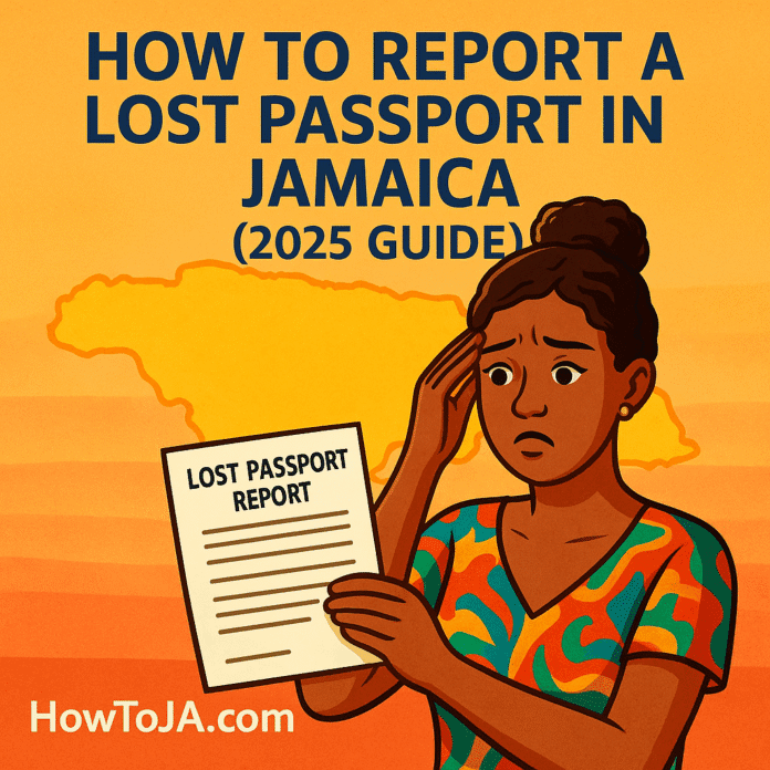 Illustration of a worried Jamaican woman holding a Lost Passport Report form in front of a map of Jamaica, with the title “How to Report a Lost Passport in Jamaica (2025 Guide)” and HowToJA.com branding.