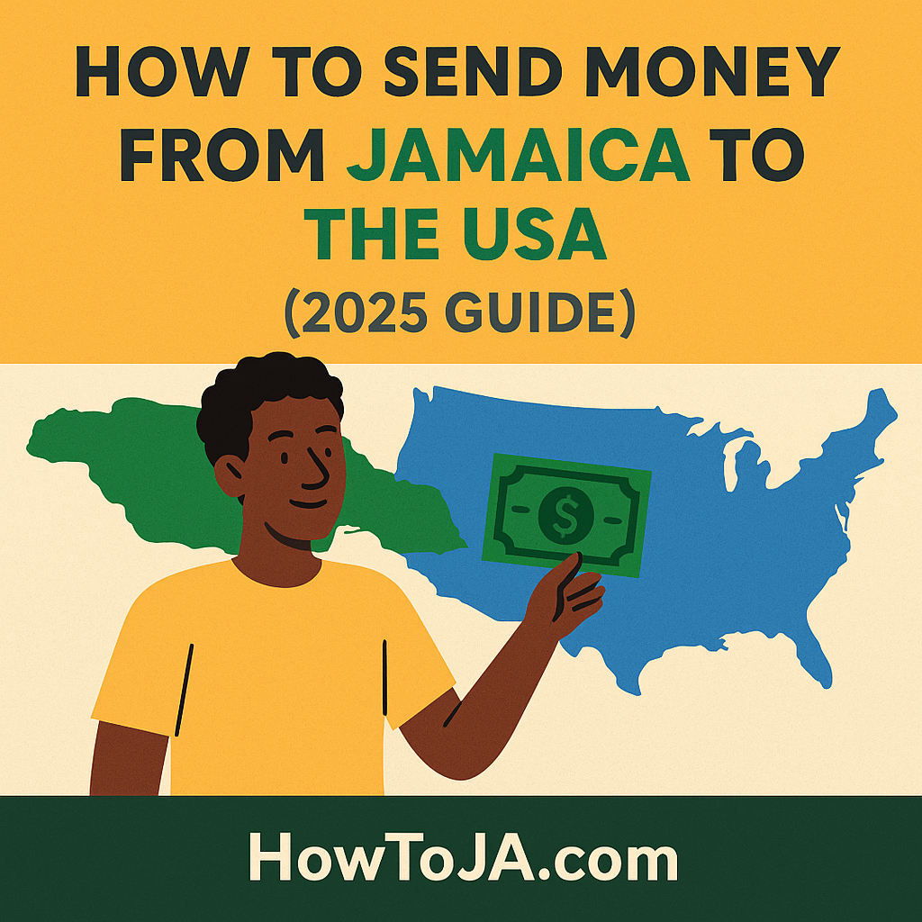 Illustration of a Jamaican man transferring money digitally with dollar icons and arrows pointing to the USA, with the title “How to Send Money from Jamaica to the USA (2025 Guide)” and HowToJA.com branding.