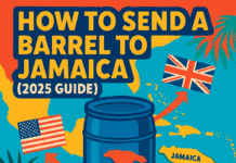 Colorful graphic showing a barrel being sent from the USA and UK to Jamaica with arrows and flags, titled "How to Send a Barrel to Jamaica (2025 Guide)"