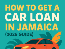 Bold graphic showing a red-orange car with the text "How to Get a Car Loan in Jamaica (2025 Guide)" and the HowToJA.com logo on a tropical-themed background