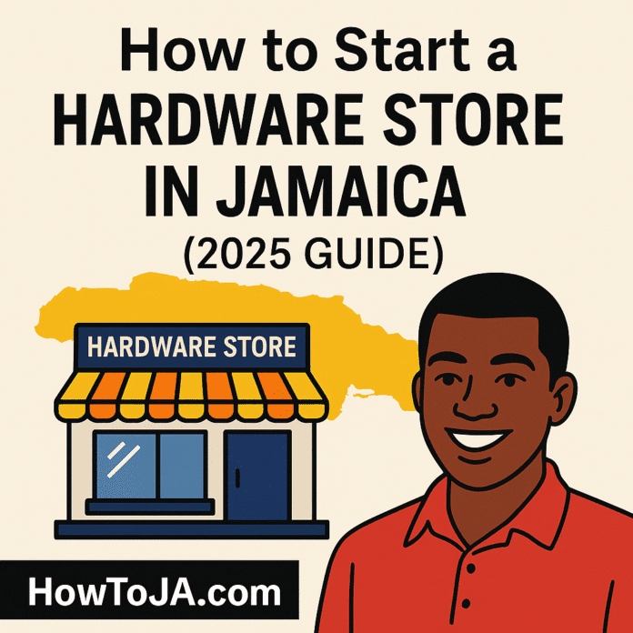 Illustration of a Jamaican man standing beside a hardware store with a map of Jamaica in the background and the title “How to Start a Hardware Store in Jamaica (2025 Guide)” with HowToJA.com branding.