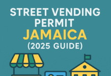 Infographic titled Street Vending Permit Jamaica 2025 Guide with icons of a vending cart, ID card, and municipal building on teal background