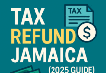 Infographic titled Tax Refund Jamaica 2025 Guide with icons for money, tax document, and HowToJA.com branding on a teal background