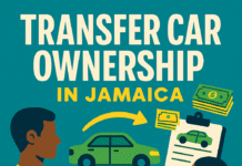 Bold Caribbean-style graphic showing car ownership transfer in Jamaica with people exchanging keys and money in a tropical color scheme