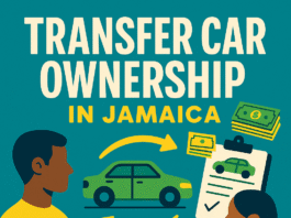 Bold Caribbean-style graphic showing car ownership transfer in Jamaica with people exchanging keys and money in a tropical color scheme