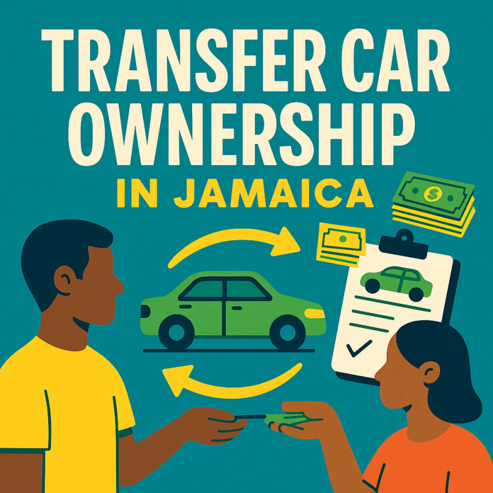 Bold Caribbean-style graphic showing car ownership transfer in Jamaica with people exchanging keys and money in a tropical color scheme
